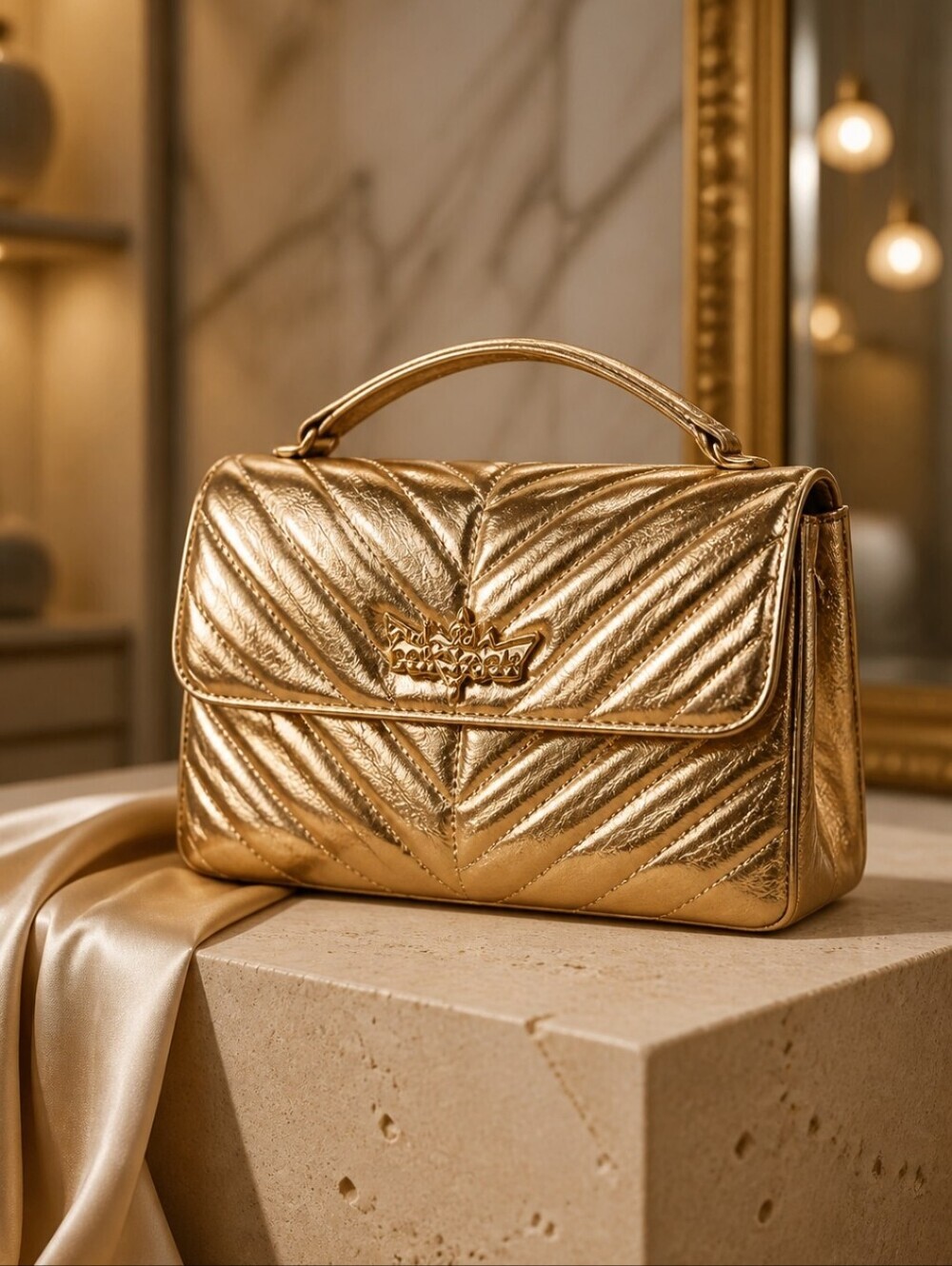 Nicole Miller Gold Crossbody Bag with Chain Strap and Quilted Design NEW